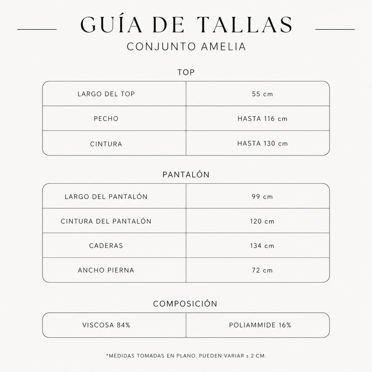 Guía de tallas Conjunto Amelia
